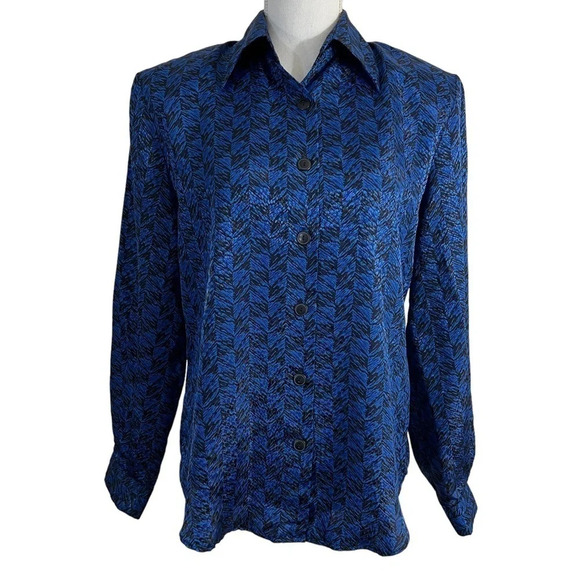 Norton McNaughton Womens Button Up Blouse 6 Royal Blue Black Shoulder Pads Retro - Picture 1 of 9